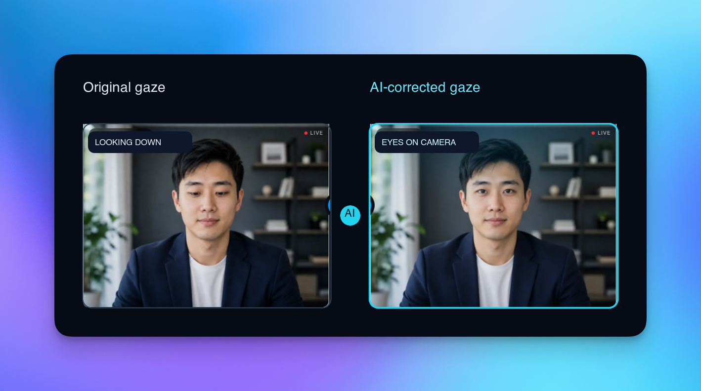 AI eye-contact correction preview: original gaze on the left and camera-facing gaze on the right
