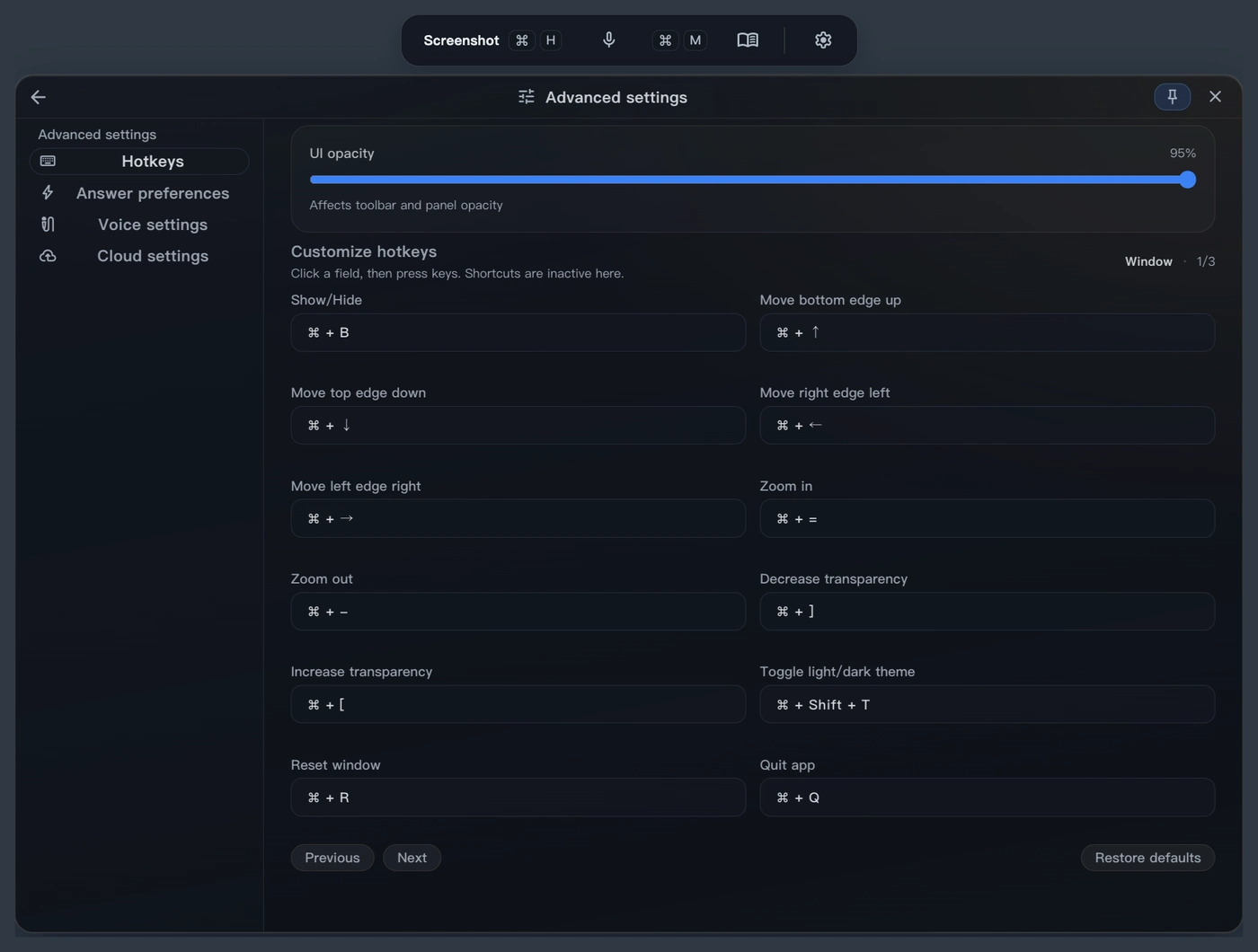 Current shortcut customization page in Advanced Settings