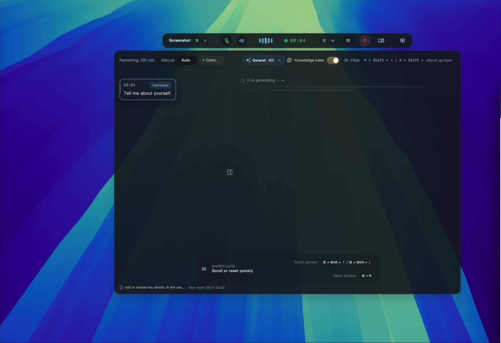 Desktop assistant: toolbar above, highlighted submitted question on the left, answer generation on the right